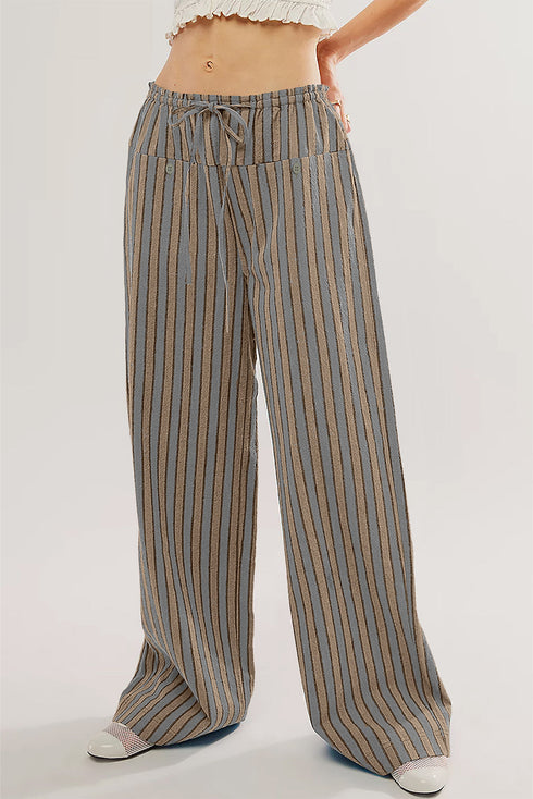 Striped Tie Waist Button Pocket Wide Leg Pants