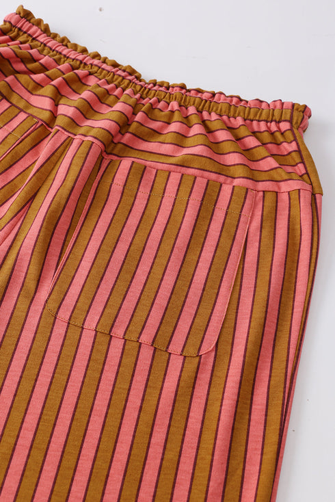 Striped Tie Waist Button Pocket Wide Leg Pants