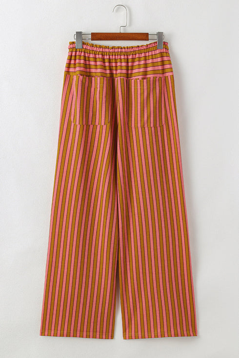 Striped Tie Waist Button Pocket Wide Leg Pants