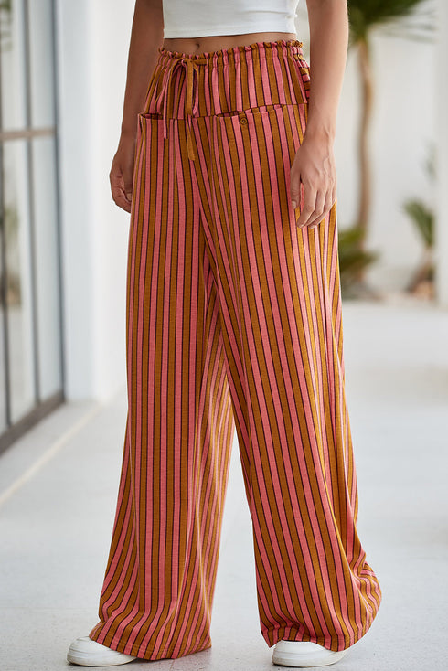 Striped Tie Waist Button Pocket Wide Leg Pants