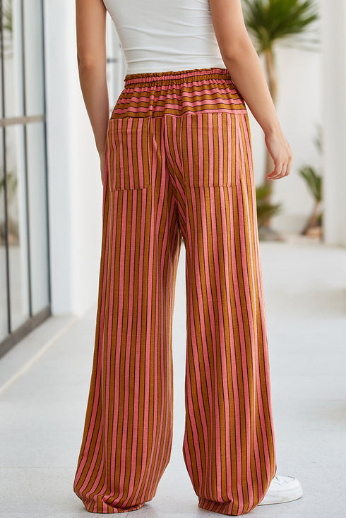 Striped Tie Waist Button Pocket Wide Leg Pants