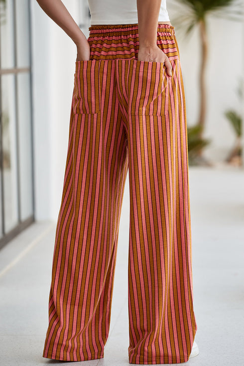 Striped Tie Waist Button Pocket Wide Leg Pants