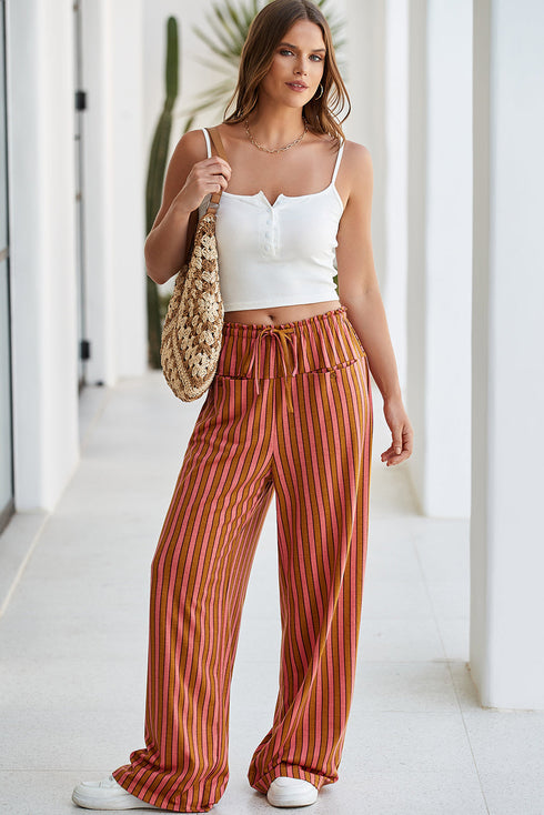 Striped Tie Waist Button Pocket Wide Leg Pants