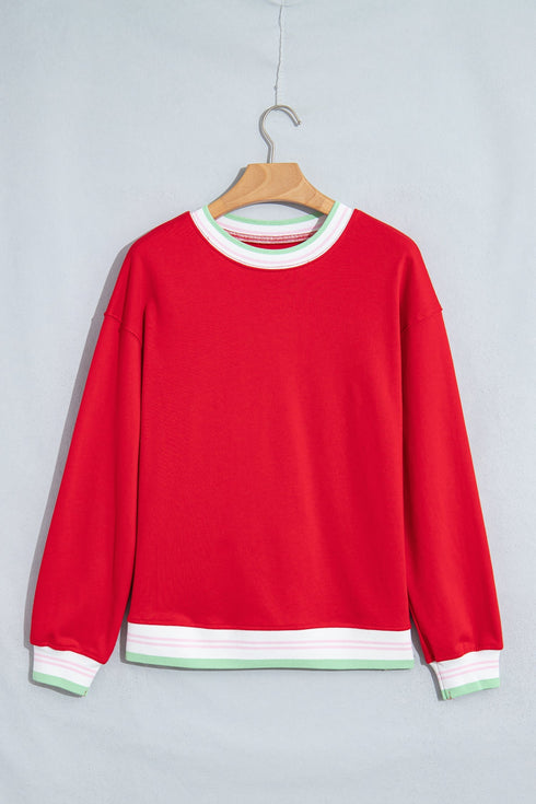 Striped Trim Baggy Silhouette Collegiate Inspired Pullover Sweatshirt