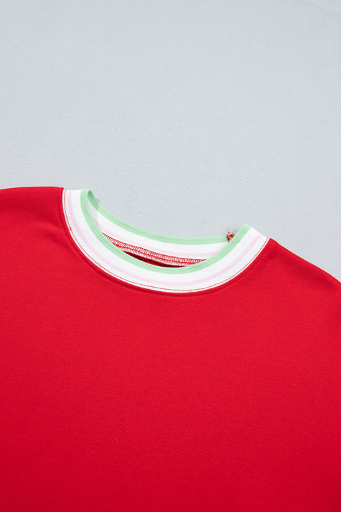 Striped Trim Baggy Silhouette Collegiate Inspired Pullover Sweatshirt