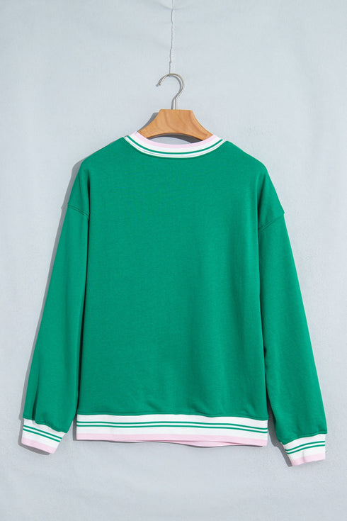 Striped Trim Baggy Silhouette Collegiate Inspired Pullover Sweatshirt