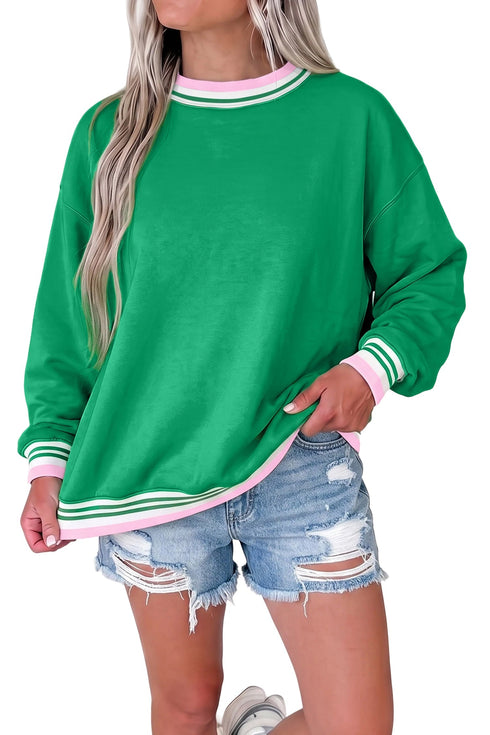 Striped Trim Baggy Silhouette Collegiate Inspired Pullover Sweatshirt