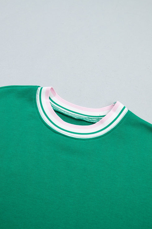 Striped Trim Baggy Silhouette Collegiate Inspired Pullover Sweatshirt