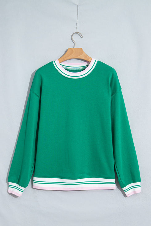 Striped Trim Baggy Silhouette Collegiate Inspired Pullover Sweatshirt