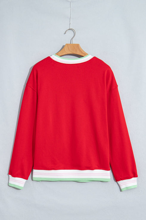 Striped Trim Baggy Silhouette Collegiate Inspired Pullover Sweatshirt