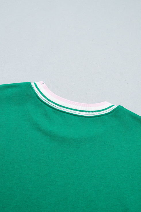 Striped Trim Baggy Silhouette Collegiate Inspired Pullover Sweatshirt
