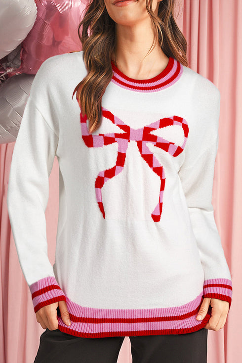 Striped Trim Bow Graphic Round Neck Drop Shoulder Sweater
