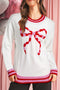 Striped Trim Bow Graphic Round Neck Drop Shoulder Sweater