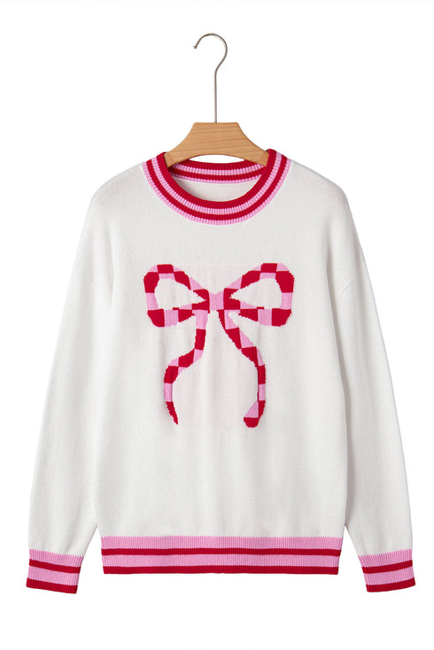 Striped Trim Bow Graphic Round Neck Drop Shoulder Sweater