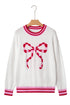 Striped Trim Bow Graphic Round Neck Drop Shoulder Sweater