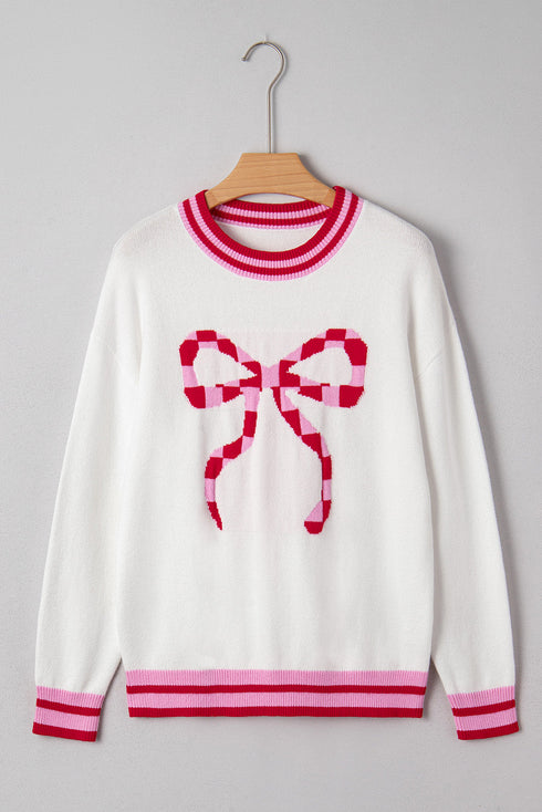 Striped Trim Bow Graphic Round Neck Drop Shoulder Sweater