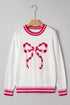 Striped Trim Bow Graphic Round Neck Drop Shoulder Sweater