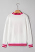Striped Trim Bow Graphic Round Neck Drop Shoulder Sweater