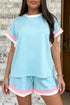 Striped Trim Casual Tee And Drawstring Short Set