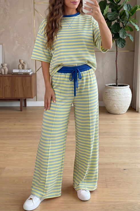 Striped Trim Crew Neck Loose Tee Drawstring Pants Set