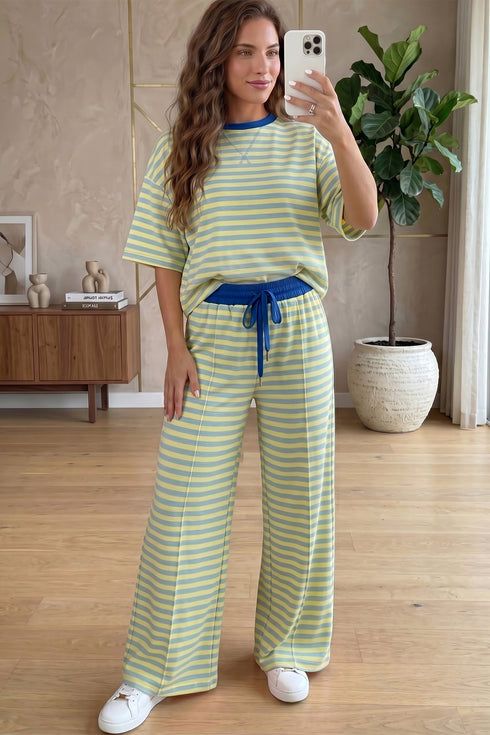 Striped Trim Crew Neck Loose Tee Drawstring Pants Set