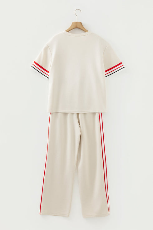 Striped Trim Crewneck Casual Wide Leg Pant Sets