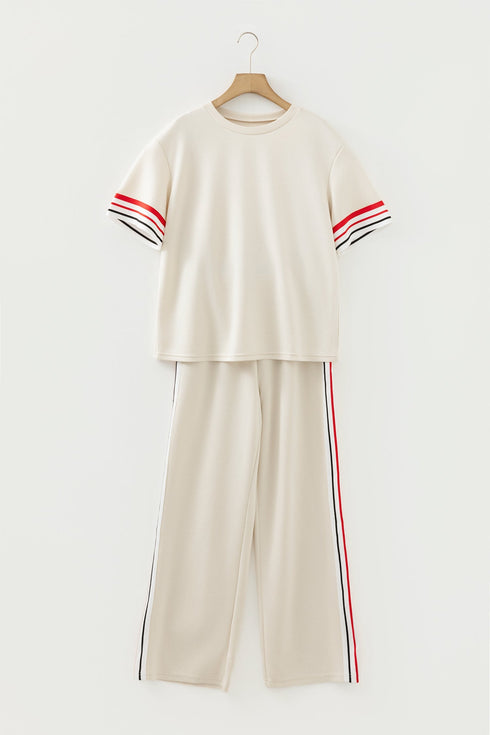Striped Trim Crewneck Casual Wide Leg Pant Sets