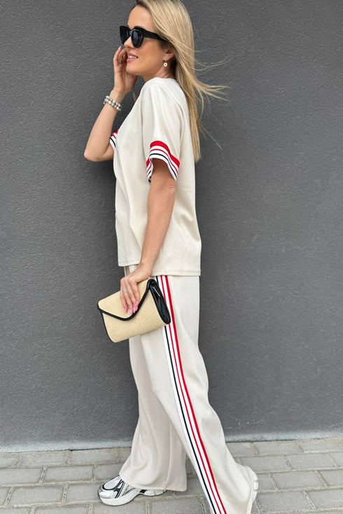 Striped Trim Crewneck Casual Wide Leg Pant Sets