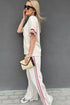 Striped Trim Crewneck Casual Wide Leg Pant Sets