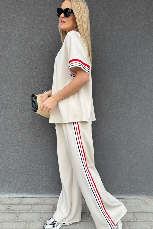Striped Trim Crewneck Casual Wide Leg Pant Sets