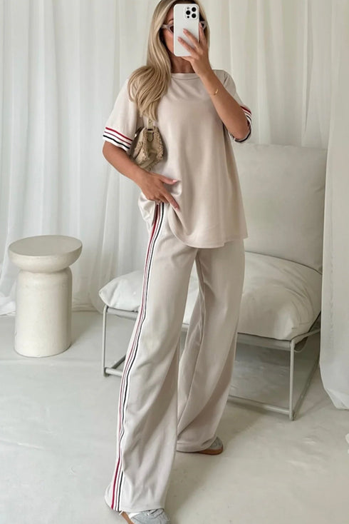 Striped Trim Crewneck Casual Wide Leg Pant Sets