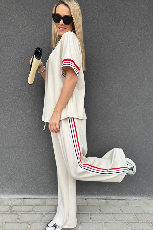 Striped Trim Crewneck Casual Wide Leg Pant Sets