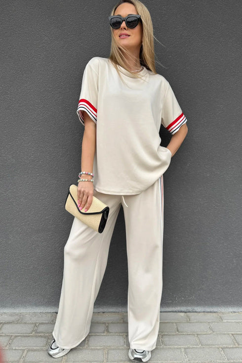 Striped Trim Crewneck Casual Wide Leg Pant Sets