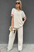 Striped Trim Crewneck Casual Wide Leg Pant Sets