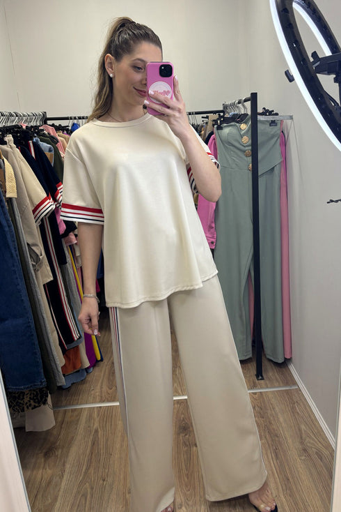 Striped Trim Crewneck Casual Wide Leg Pant Sets