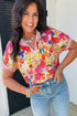 Striped Trim Floral Print V Neck Short Sleeve Blouse