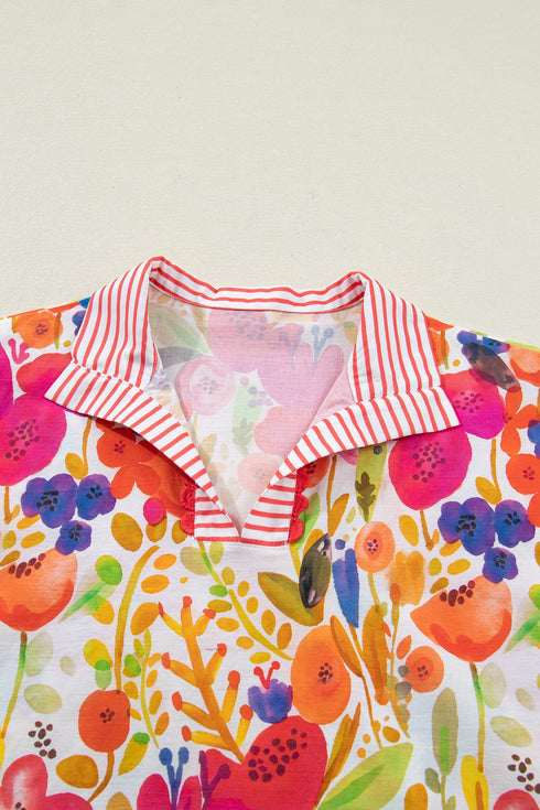 Striped Trim Floral Print V Neck Short Sleeve Blouse