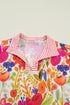 Striped Trim Floral Print V Neck Short Sleeve Blouse