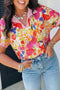 Striped Trim Floral Print V Neck Short Sleeve Blouse