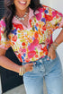 Striped Trim Floral Print V Neck Short Sleeve Blouse