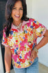 Striped Trim Floral Print V Neck Short Sleeve Blouse
