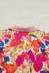 Striped Trim Floral Print V Neck Short Sleeve Blouse