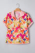 Striped Trim Floral Print V Neck Short Sleeve Blouse