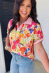 Striped Trim Floral Print V Neck Short Sleeve Blouse