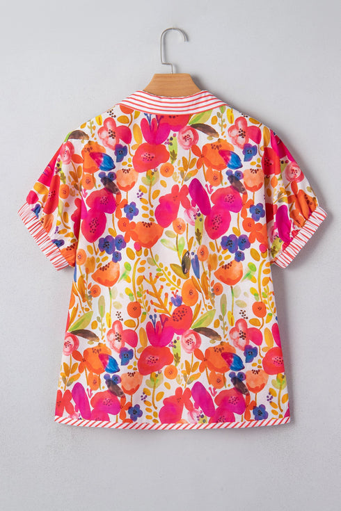 Striped Trim Floral Print V Neck Short Sleeve Blouse