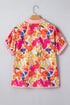 Striped Trim Floral Print V Neck Short Sleeve Blouse