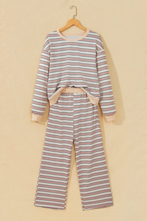 Striped Trim Long Sleeve Top Elastic Waist Pant Set