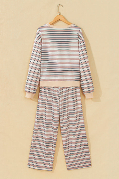 Striped Trim Long Sleeve Top Elastic Waist Pant Set