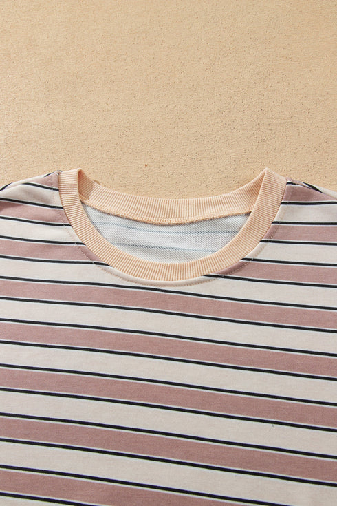 Striped Trim Long Sleeve Top Elastic Waist Pant Set