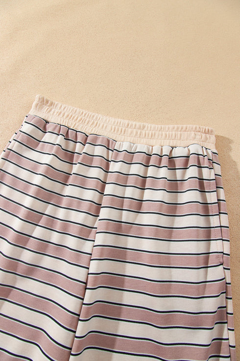 Striped Trim Long Sleeve Top Elastic Waist Pant Set